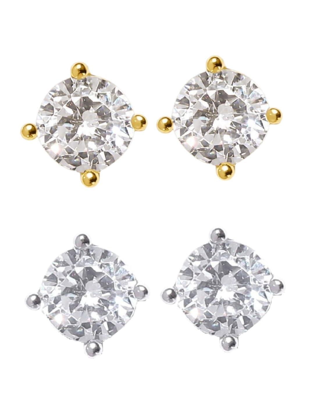 oomph Jewellery Combo of 2 Silver & Gold Stud Earrings For Men Stylish - Solitaire Cubic Zirconia - Small Round Shape-picture-38