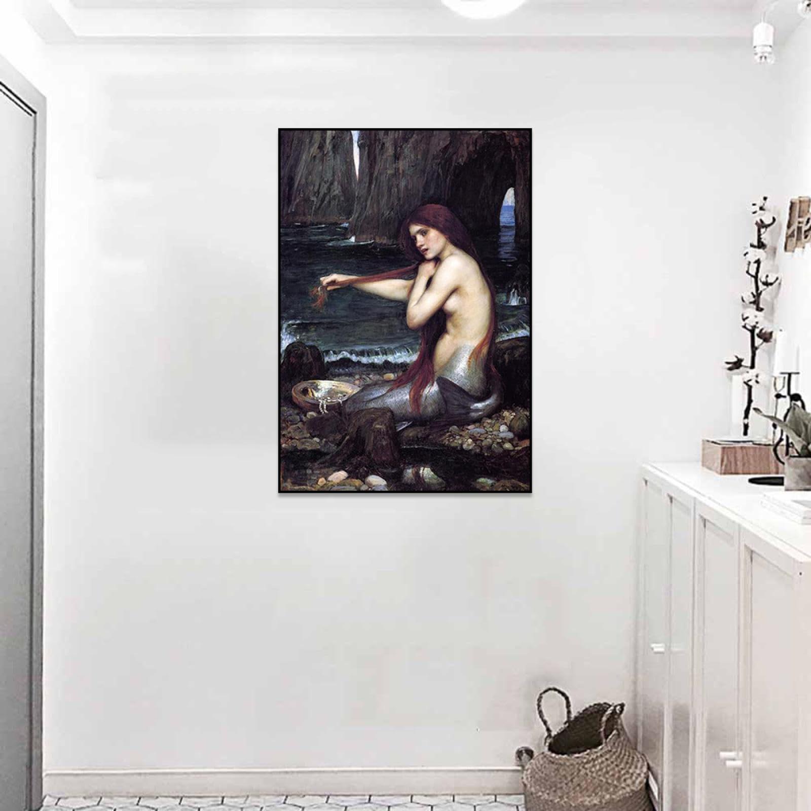 Phyrek123 Una sirena de John William Waterhouse giclée impresión sobre lienzo Cuadros famosas carteles arte de pared de lienzo para dormitorio 30x45cm Enmarcado negro
