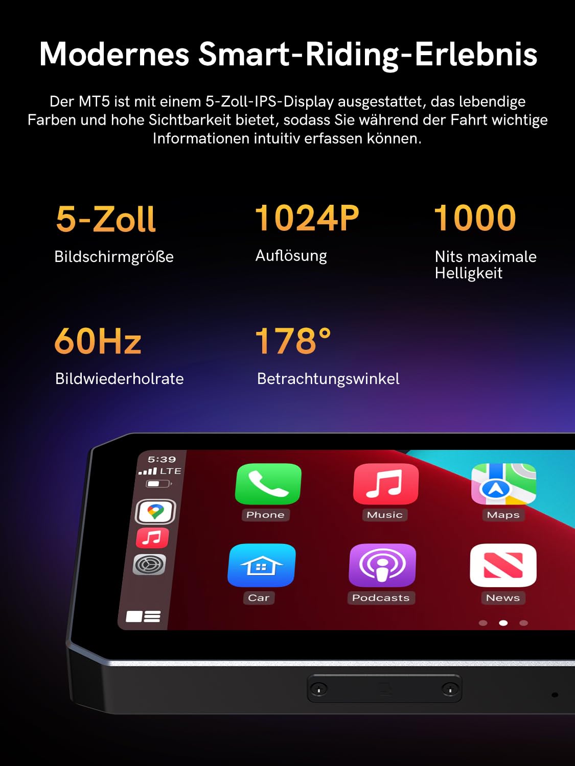 Motorrad Navi Display, CarPlay- & Android Auto kompatibel, 5 Zoll Wasserdichtem Touchscreen, Integriertes GPS, IP68 Wasserdicht, Front-/Rückkameras Motorrad Fahrrekorder