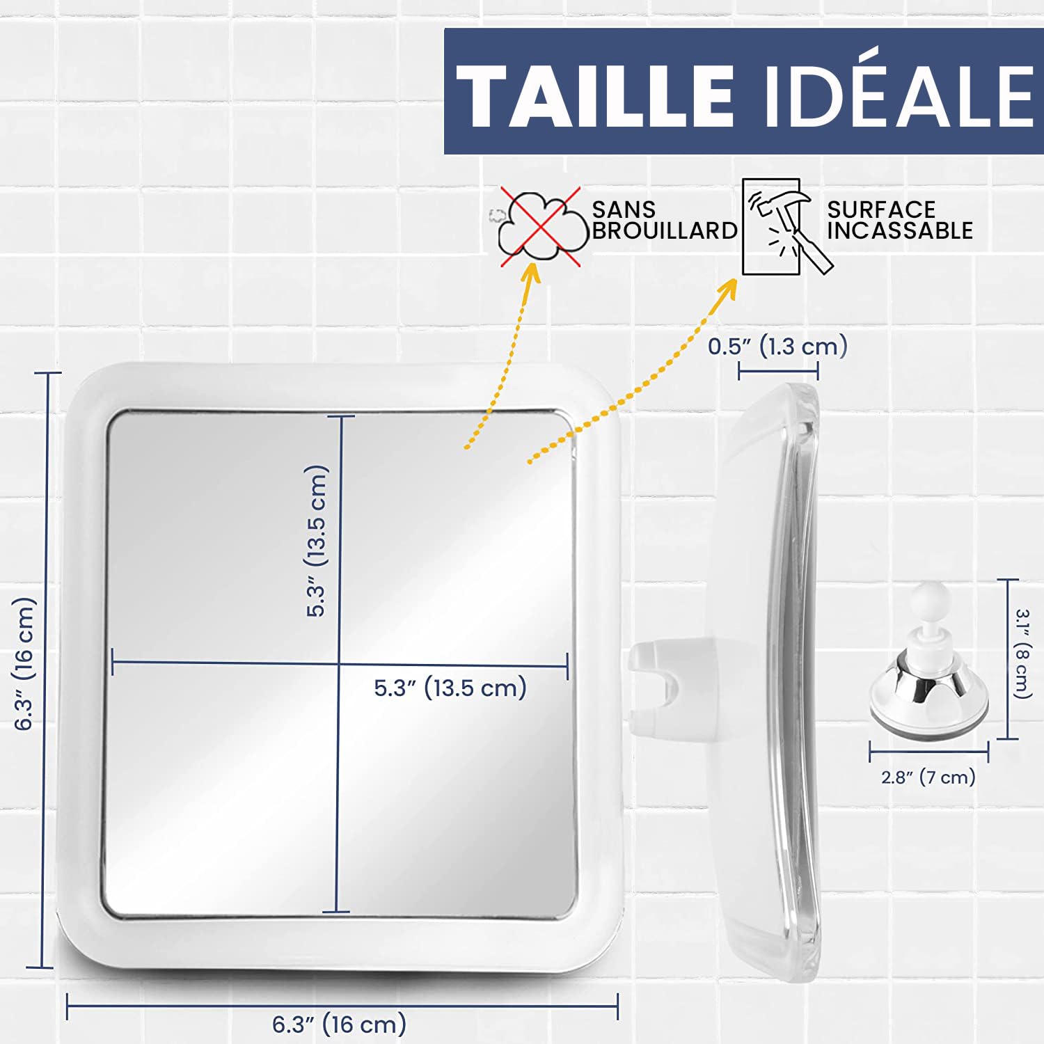 Mirrorvana Miroir de Douche Anti buée pour Rasage avec Ventouse, Petit Miroir incassable sans adhésif pour Salle de Bain, 16 cm x 16 cm