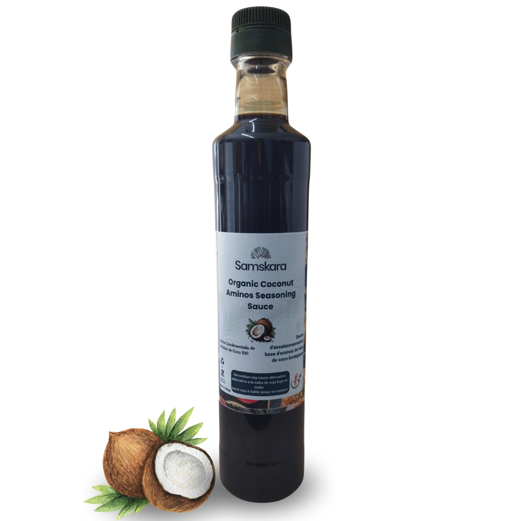 Aminos de Coco BIO 500ml | Samskara Tribe | Alternativa a la salsa de soja sin gluten, baja en sodio | Coconut Aminos 100% Natural | Ideal para recetas, tamari, salsa teriyaki o marinados
