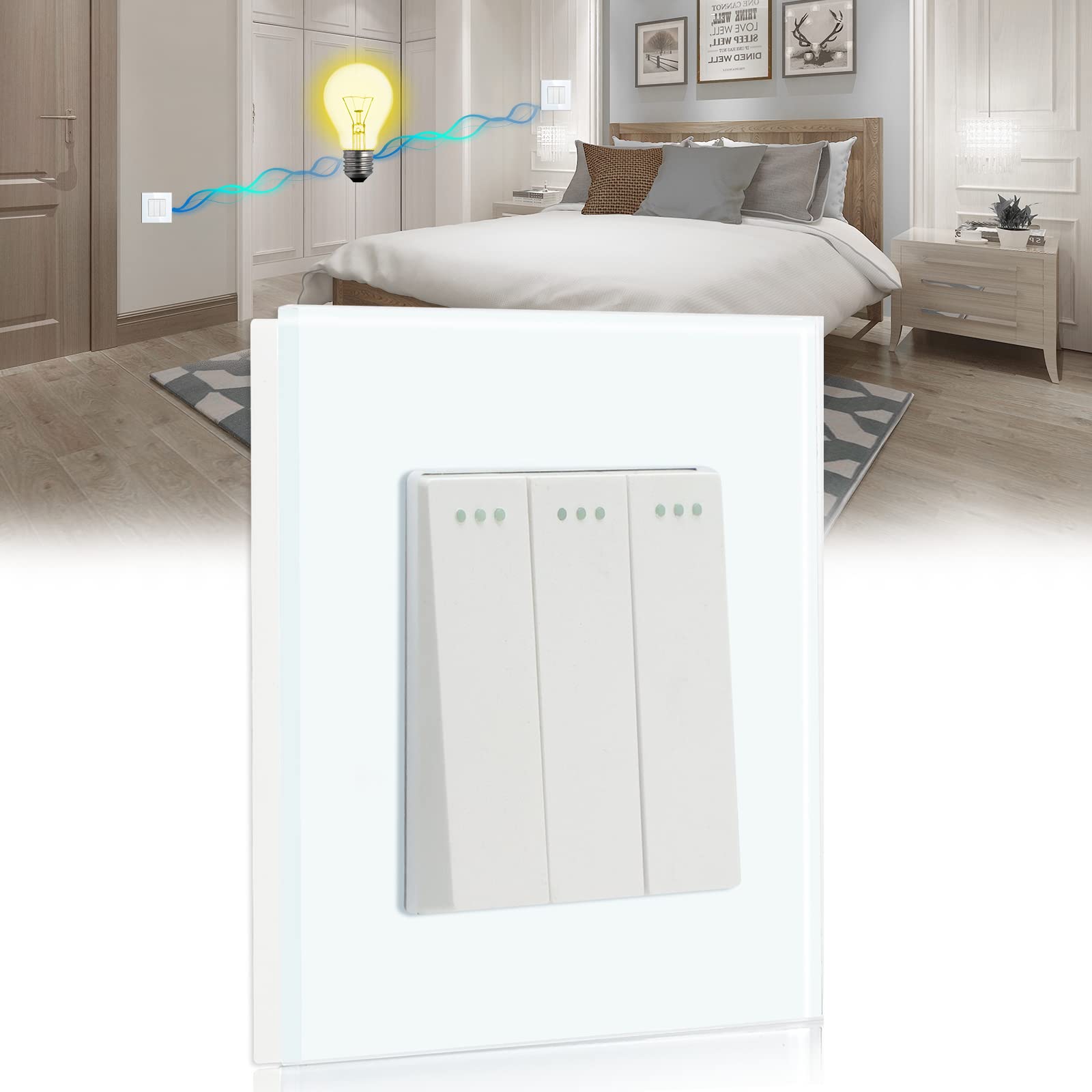 BSEED Light Switch 3 Gang 2 Way,Glass Light Switches,Screwless 10A Rocker Tactile Wall Switch,White Crystal Toggle Switch