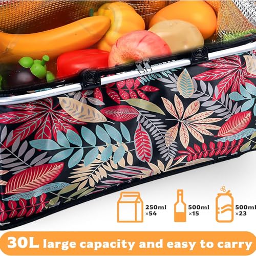 Einkaufskorb Faltbar, 30L Einkaufskorb Kühltasche, Kühlkorb mit gepolsterten Tragegriffen & Reißverschluss am Deckel, 4h Isoliert, Verdicken kühltasche Korb für Reisen, Picknick, Einkaufen (A)