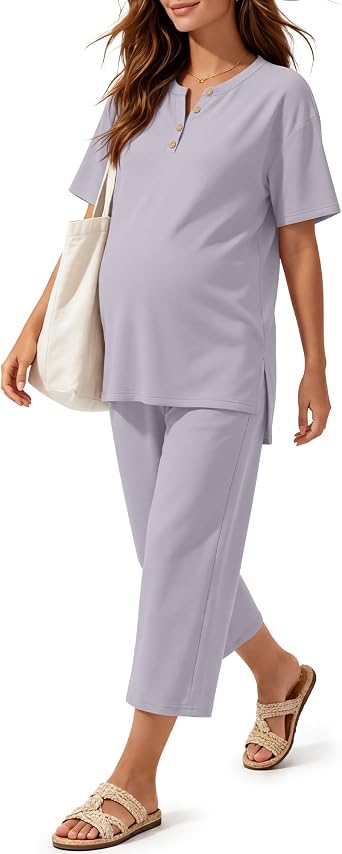 2 Piece Maternity Outfit for Women Soft Postpartum Pajamas Lounge Set Summer Short Sleeve Top Wide Leg Capri Pants