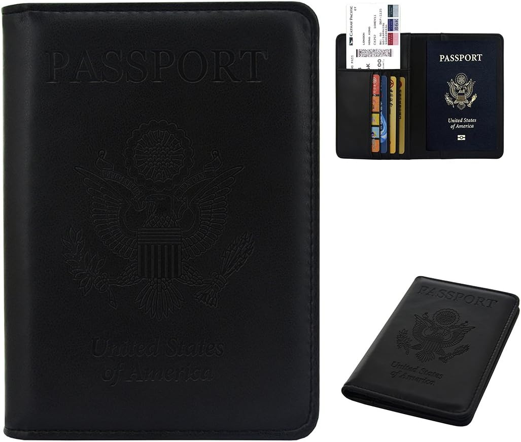 Black Passport Holder Cover Wallet RFID Blocking Leather