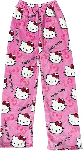 SASMoiyug Pyjama Hose Kitty Schlafanzug Damen Pyjamas Hosen Lang Flanell Pyjama Hose Damen Schlafhose Weich Kawaii Pyjamas Anime Bequeme Schlafanzughose Frauen Anime Cartoon Casual Herbst-Winter - S - Rosa