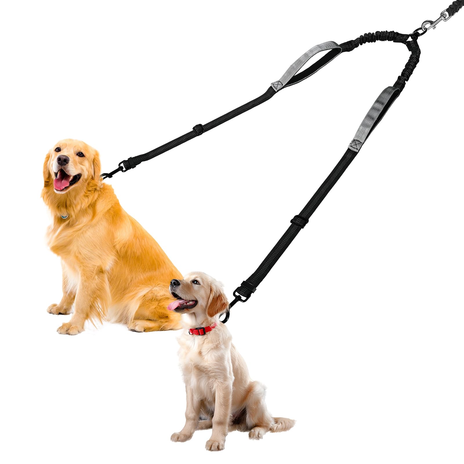 Double Dog Lead-360° Swivel, No Tangle Dog Leash Coupler, No Pull Adjustable Dual Lead with Shock-Absorbing Bungee, Padded Handles, Reflective Walking & Training Lead Splitter for 2 Dogs