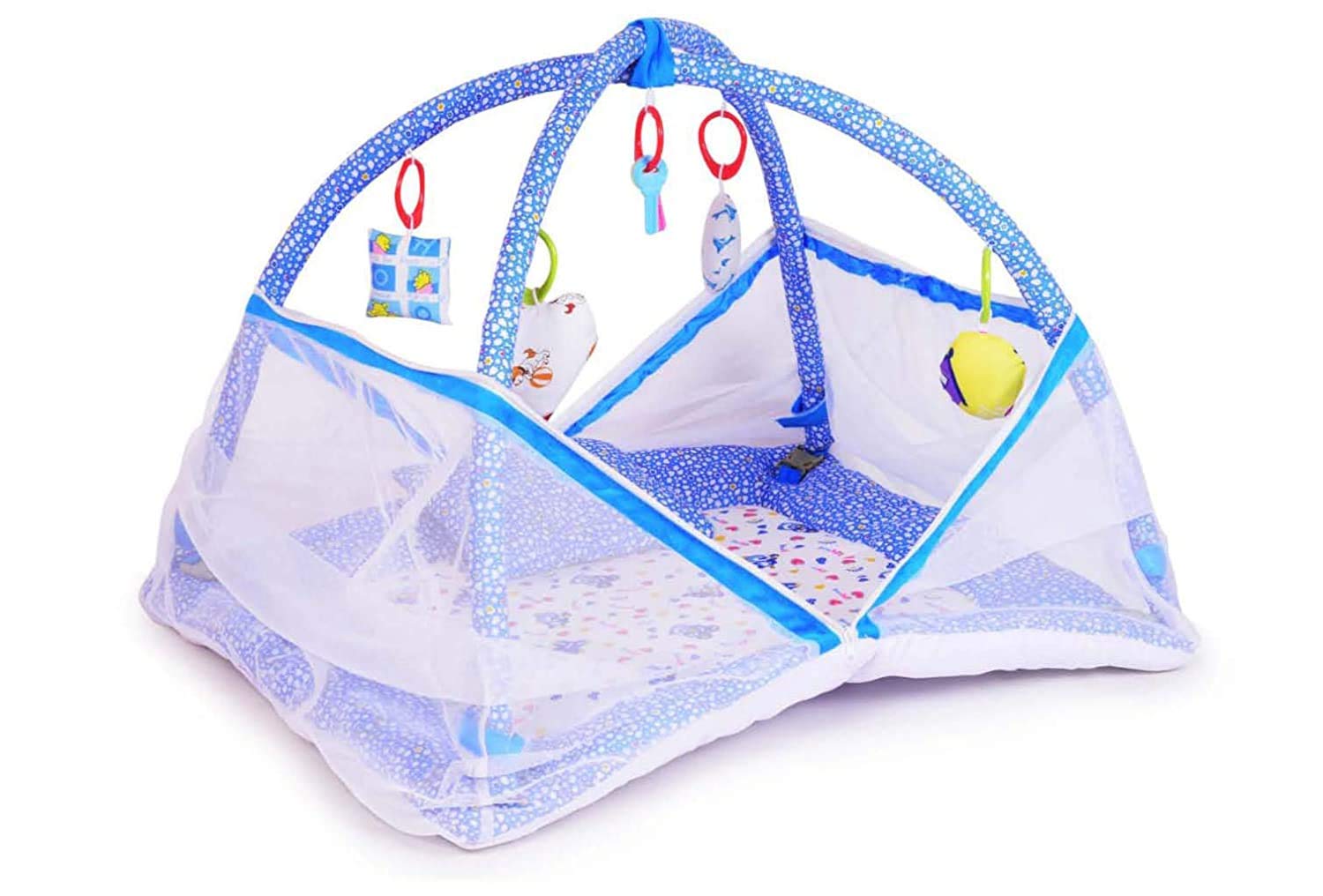 Samaaya Baby Kick and Play Gym with Soft Pillow Bedding Set and Mosquito Net (Blue Bunny Print)