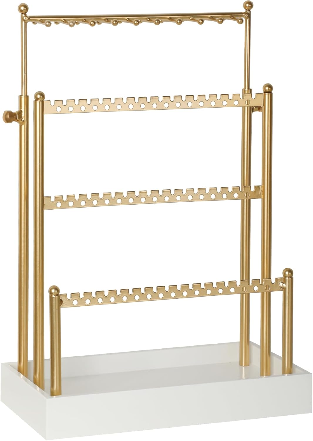 Tirzah 3-Tier Adjustable Earring Necklace Holder Organizer Stand, Gold Jewelry Display Tree with 105 Slots, 10 Double-Sided Hooks, White Tray for Women, Girls - Image 6