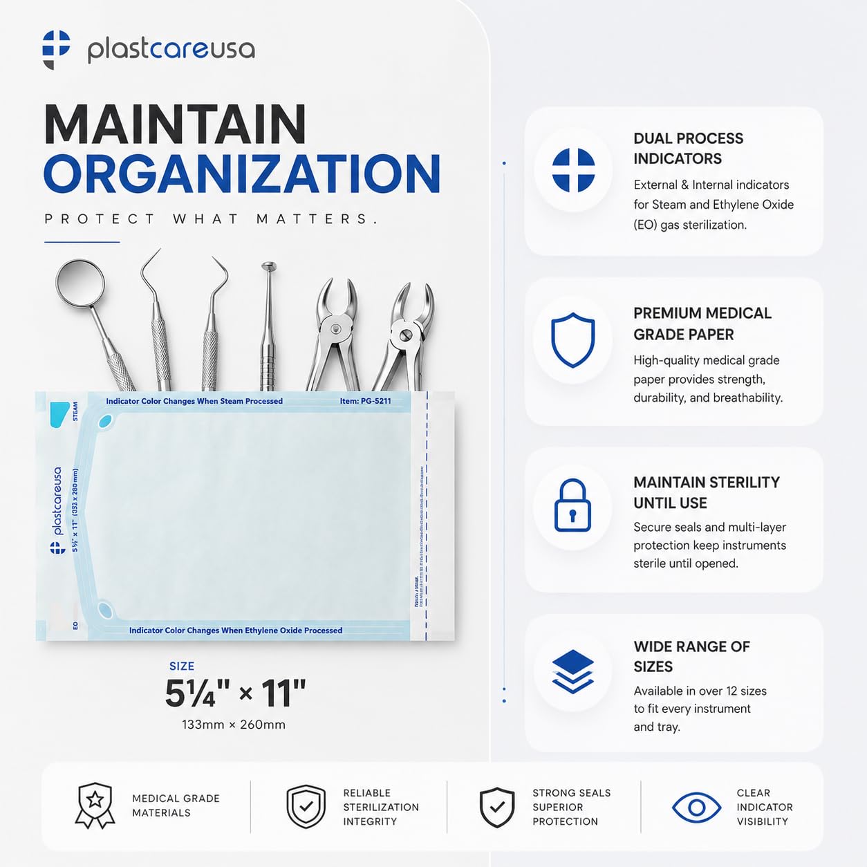 Getue 200 5.25 x 10 Self-Sterilization Pouches for Cleaning Tools, Autoclave Sterilizer Bags for Dental Offices, Pouch for Dentist Tools, 200 Bolsas, 1 Box of Paper Blue Film…