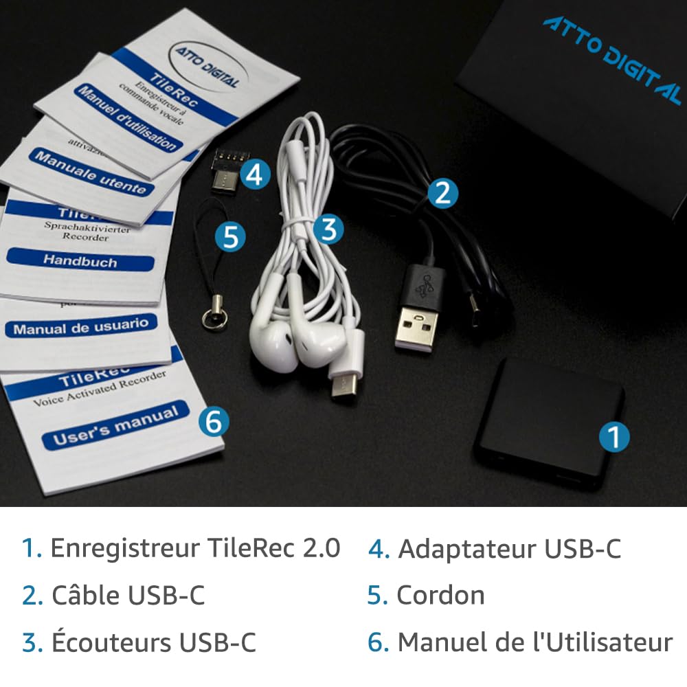 64GB Mini Grabadora Activada por Voz -1140 Horas Capacidad - Registrador de Pequeñas Dimensiones con 24 Horas Duración de la Batería - TileRec de Atto Digital