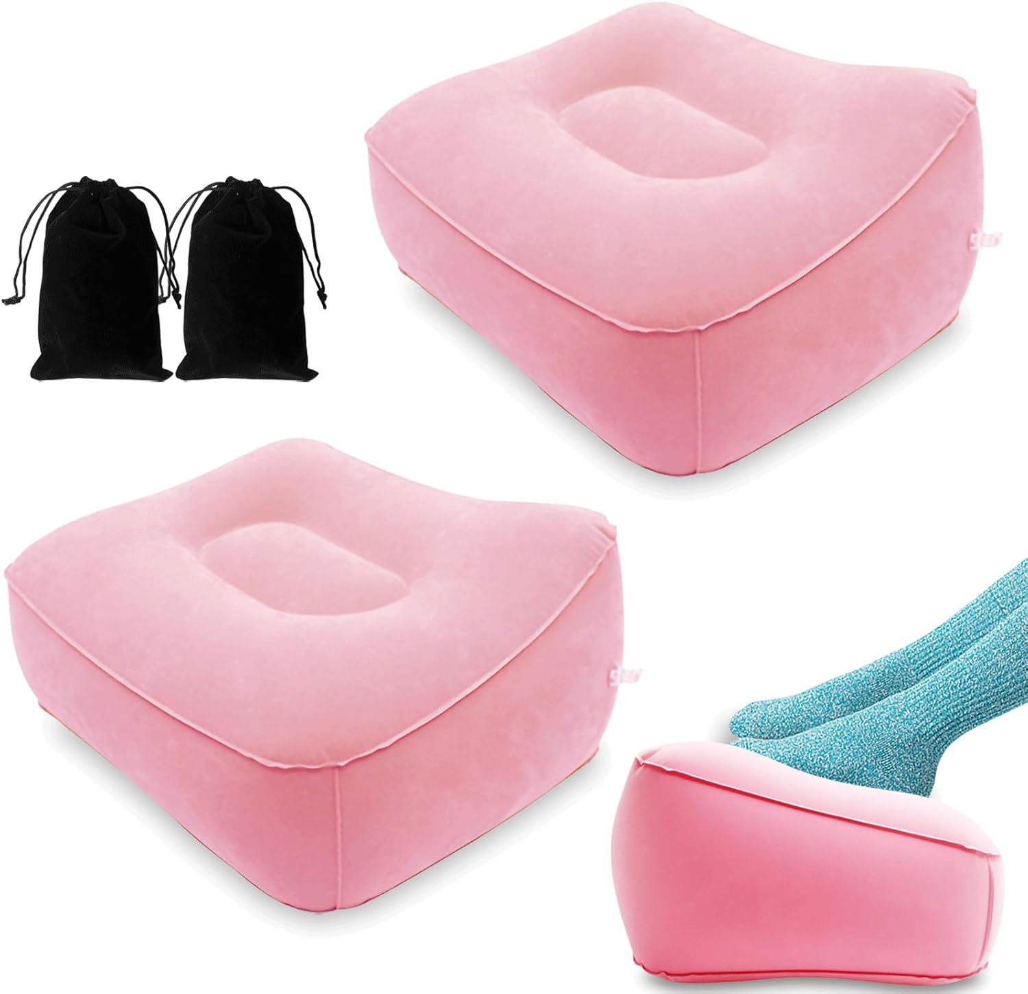 Inflatable Foot Rest, Carseat Inflatable Foot Rest Pillow, Airplanes Inflatable Foot Rest Cars, Travel Footrest Pillow for Home Office,Trains (Pink(2 Count), 14.5" L×11.8" W×7.9”H)