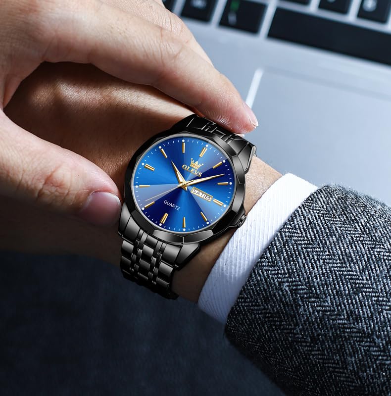 OLEVS Men Watches Business Dress Easy Read Analog Quartz Date Luxury Wrist Watch Black Casual Stainless Steel Waterproof Luminous Two Tone Blue Watch for Men