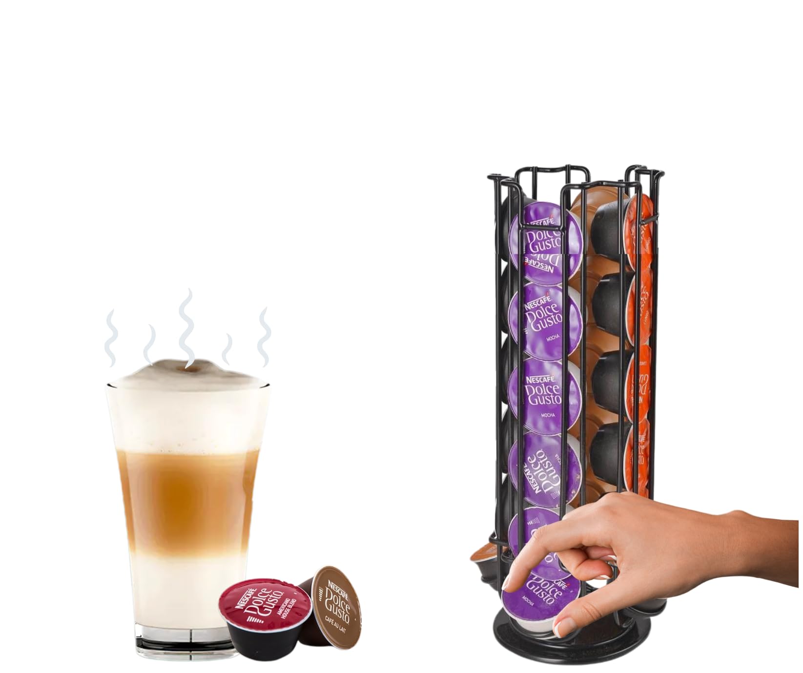 Trendi Black Rotating Coffee Capsule Stand For Dolce Gusto - Wire Rack Holds 24 Or 32 Pods, 360° Rotating Coffee Pod Tower, Space-Saving Kitchen Storage Organizer (24)
