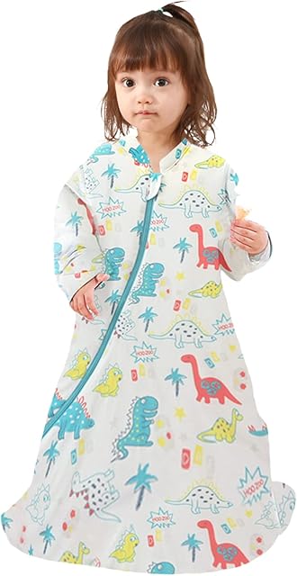 TURMIN Baby Sleeping Bag with Sleeves 3.5 Tog Organic Cotton Sleeping Bag for Kids Unisex Boys Girls Plush Wrap Baby Clothes, Dinosaur, S