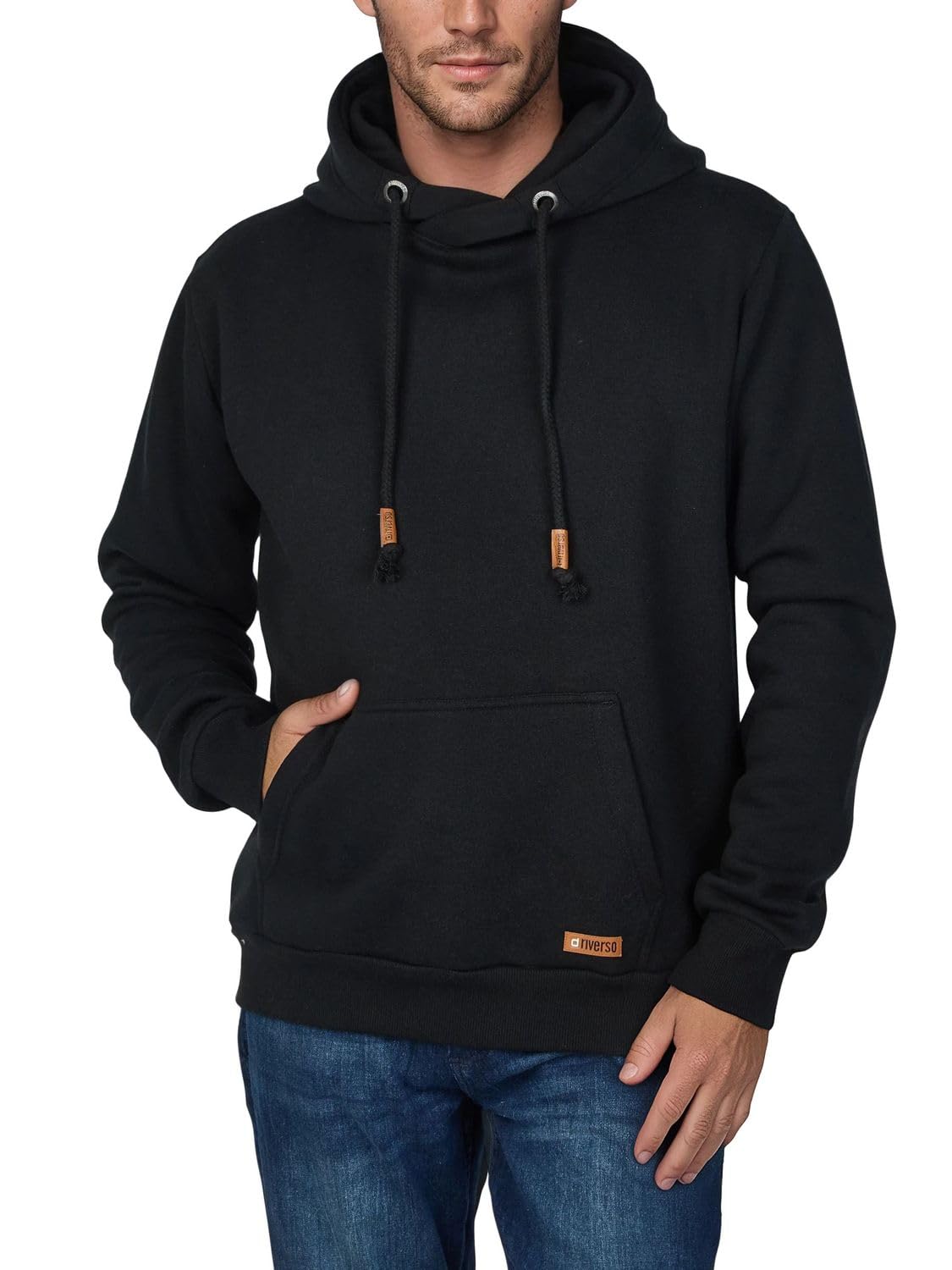 Riverso Julian Men's Hooded Pullover Hoodie Sweatshirt with Hood and Kangaroo Pocket Cross-Over Collar Regular Cotton - Black - XXX-Large