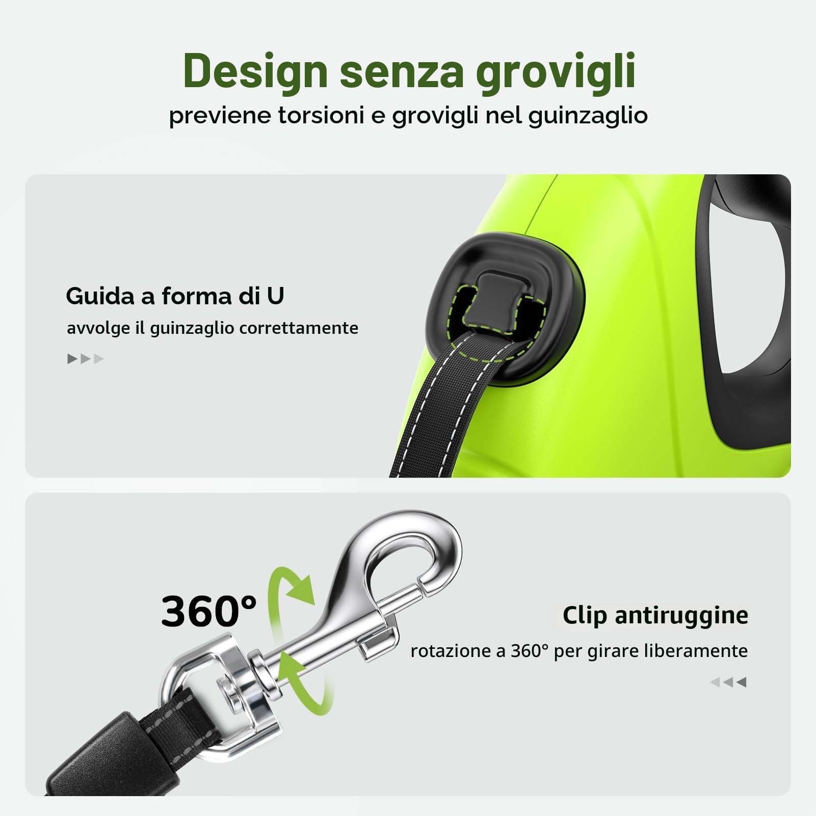 Pecute Guinzaglio Retrattile per Cani 10M (Fino a 50 Kg), Guinzaglio per Cane con Guinzaglio Esteso Senza Grovigli a 360°, Impugnatura Antiscivolo e Pulsante di Freno Rapido,Verde