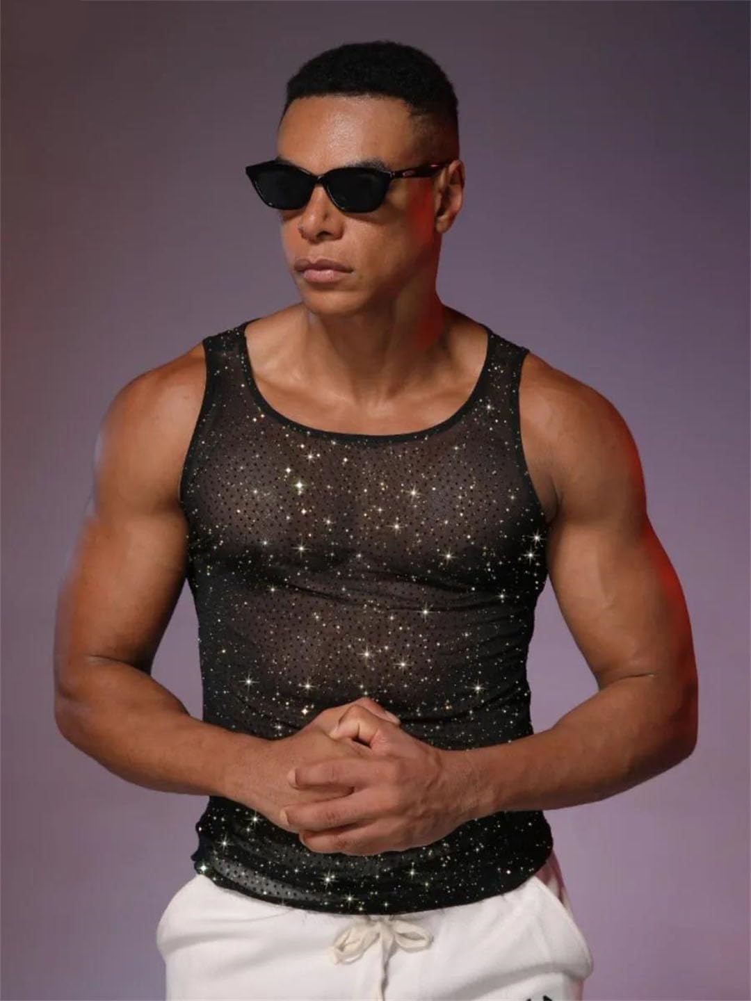 Men Tank Tops Mesh Sequin Sleeveless Crop Fit Festival Performance Vest