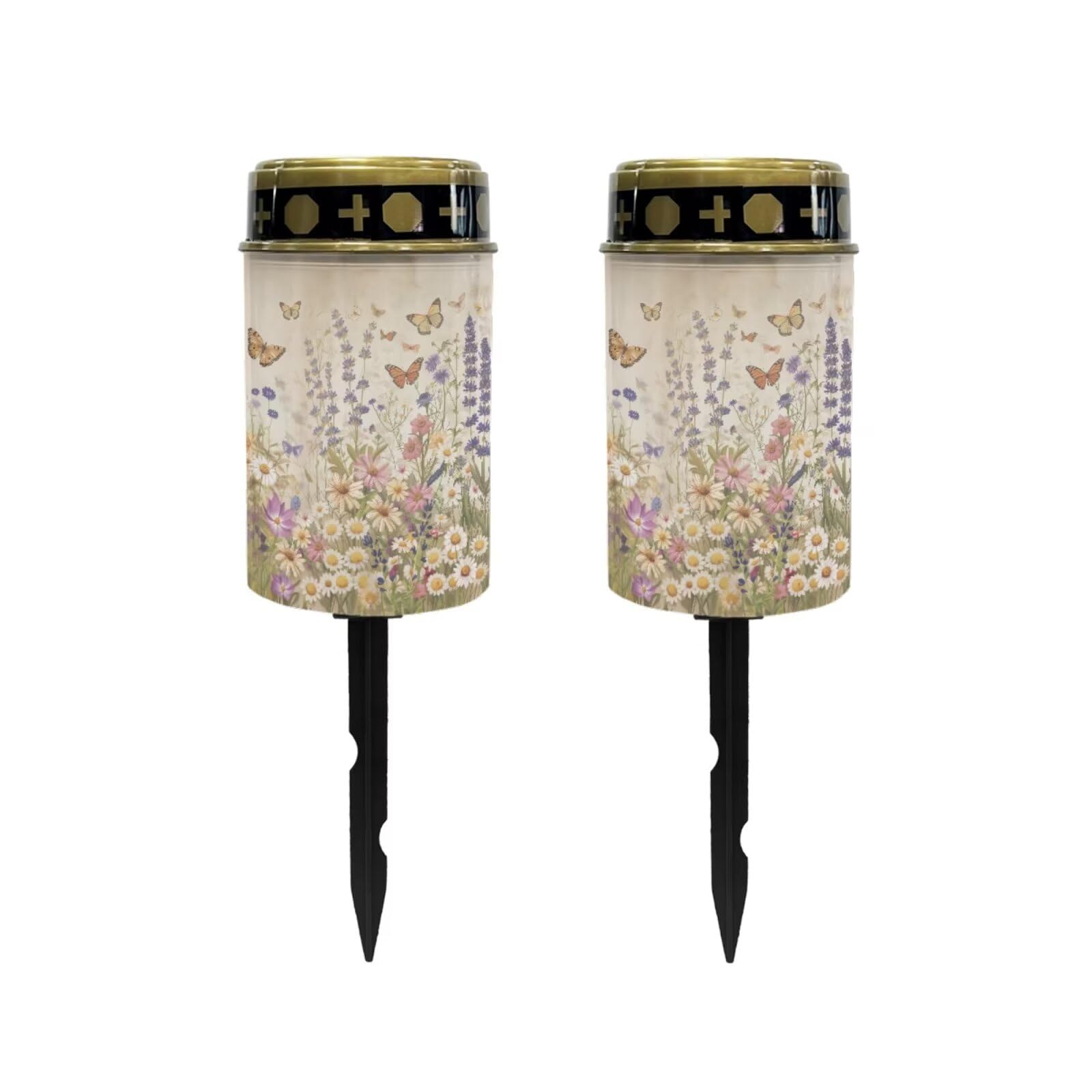 Poceacles Solar Lights Outdoor Solar Powered Outdoor Cemetery Stake Lights Grave Solar Lamp Landscape Lighting Waterproof Grave Flameless Candles, Butterfly Daisy Lavender Floral, Pack of 2