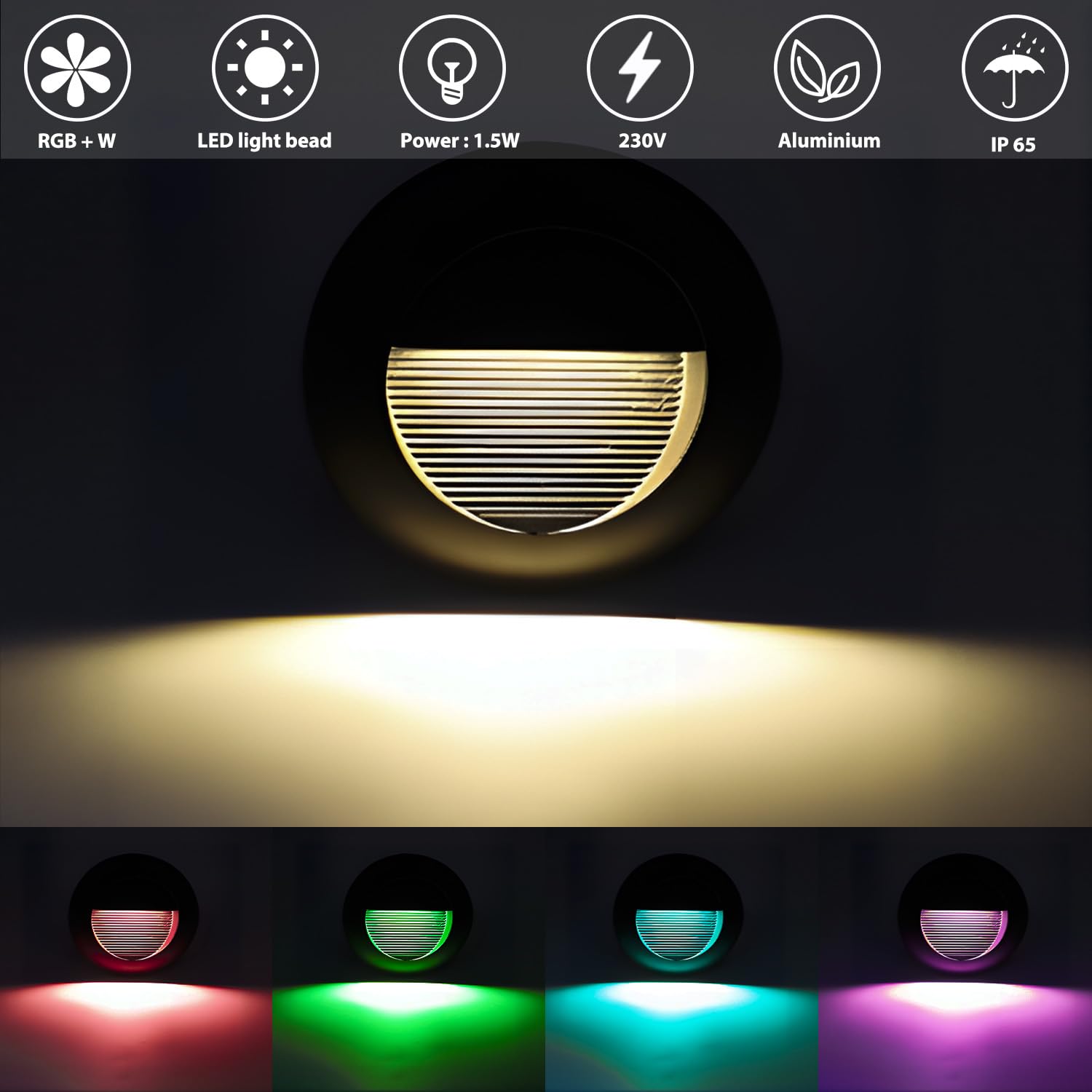 Bluetooth Treppenbeleuchtung aussen RGB warmweiss kaltweiss 1.5W 65mm(Nicht die Standardgröße 60mm) treppenlicht innen mit Unterputzdose und Fernbedienung, Alu IP65, 230V, schwarz, 8 pcs