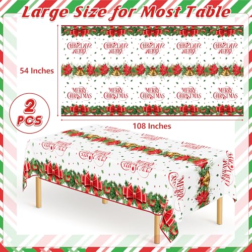 QZYL 2 Pack Christmas Tablecloths, 54" x 108" Xmas Plastic Table Cloth, Poinsettia Holly Bells Design Holiday Disposable Tablecover Rectangle Tablecloth, Christmas Decor Holiday Table Decorations – Image 2