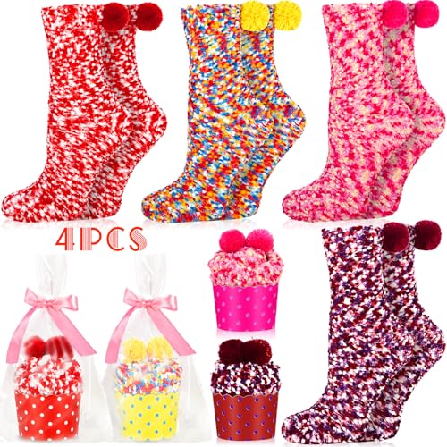 MTINRNI 4 Paires Chaussettes Femme Noël,Cadeau Mignon de Bricolage de Cupcake,Gâteau Chaussettess,Hiver Chaussette Chaud,Confortables,Femmes Cadeau D'hiver Multicolore Chaussettess de Noël.(36-42)