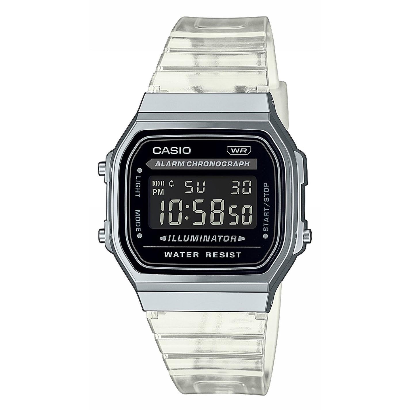 Casio Reloj Cuarzo Unisex 36.00mm con dial Digital Negro y Correa de Plastic/Resin Bracelet Transparente A168XES-1BEF