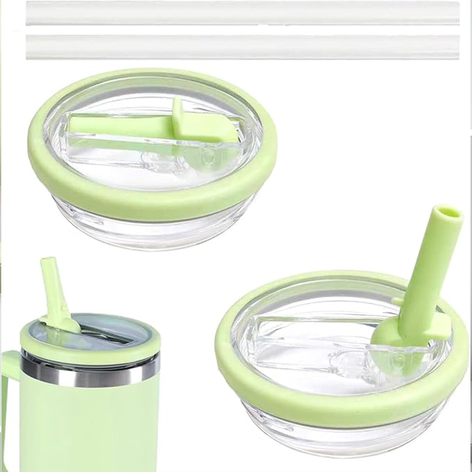 Stanley Cup Deckel Auslaufsicher, 2 Stück Ersatzdeckel für Stanley Cup 40oz mit 2 Strohhalm, Wiederverwendbarer Auslaufsicher Deckel für Stanley Cup Zubehör (Grün)