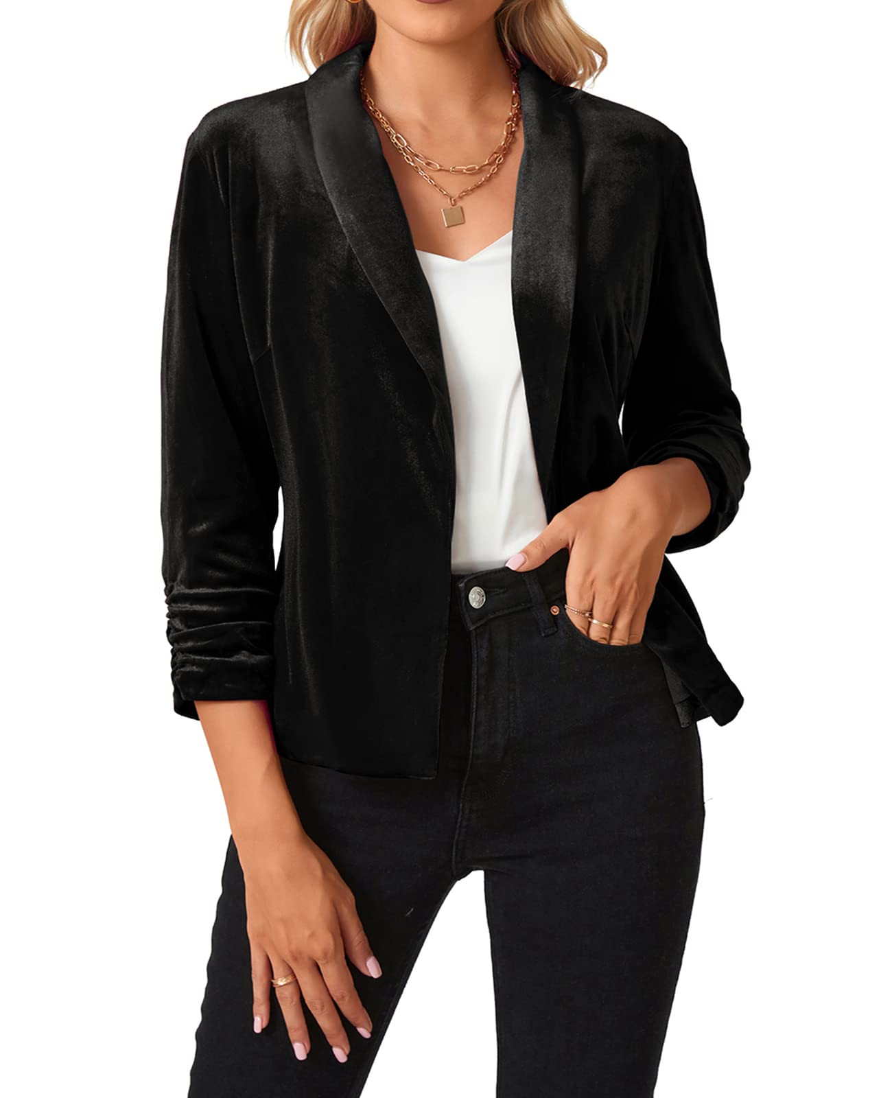 MINTLIMIT Womens Velvet Blazer 3 4 Ruched Sleeve Jacket Shawl Lapel Open Front Casual Blazers Jackets