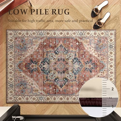 Boho Tribal Area Rug 2x3 Small Entranway Rug Bathroom Doormat Indoor Carpet Farmhouse RugFaux Wool Non-Slip Washable Low-Pile Floor Carpet for Indoor Front Entrance Kitchen Bathroom, Brickred