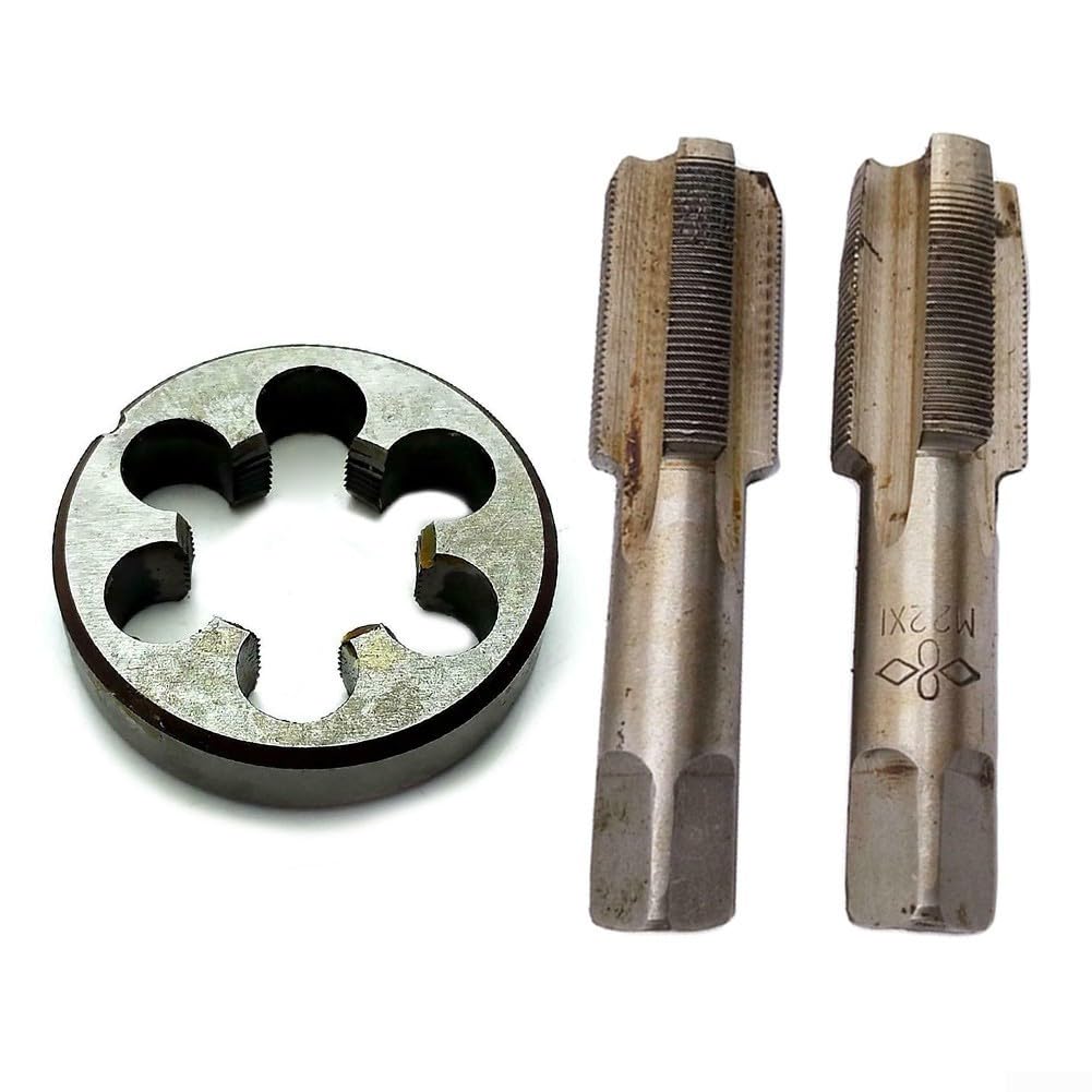 Zestaw gwintowników i narzynek, gwintownik i narzynki okrągłe, stal szybkotnąca, 2 szt., gwintownik stożkowy M22 x 1 mm i narzynka M22 x 1 mm, gwint metryczny prawy
