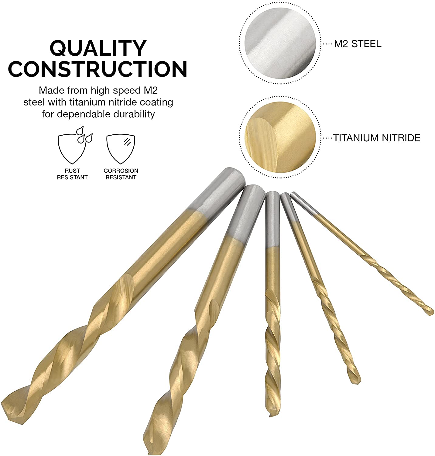 Neiko 10113B - Set di punte per trapano a mano sinistra, 5 pezzi, 5/64" - 19/64", acciaio ad alta velocità rivestito in titanio M35, punto di divisione autocentrante a 135 gradi, completamente