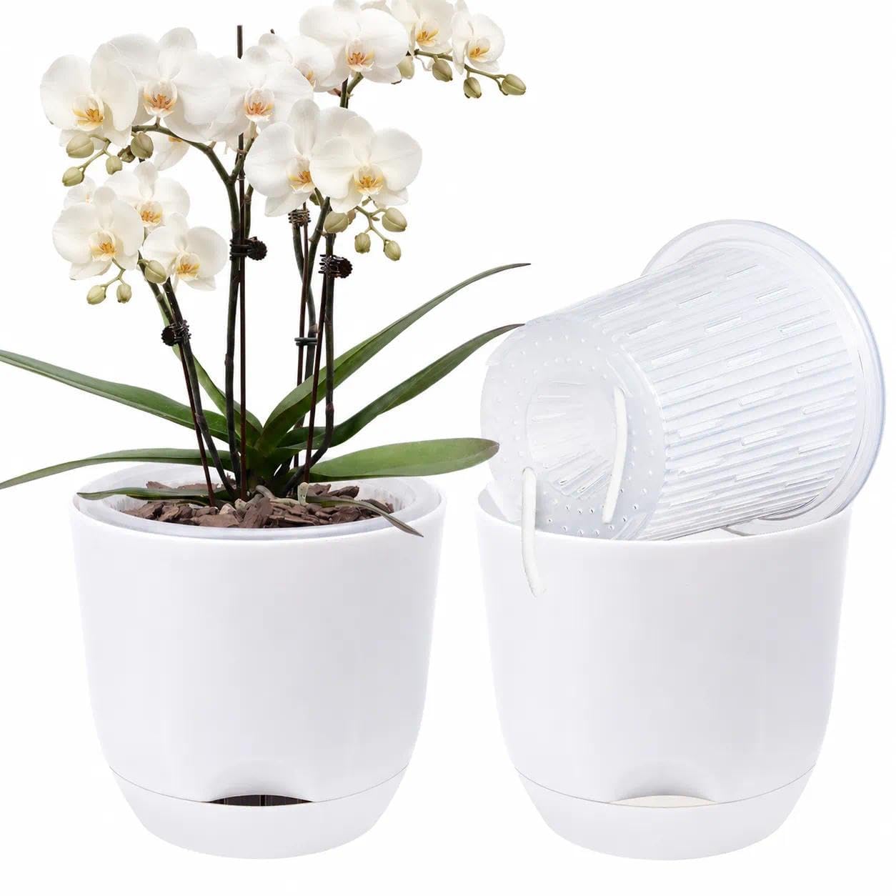 5.7Inch White Orchid Pots with Holes for Repotting, Double-Layer Plastic Self Watering Flower Pots for Indoor Plants with Drainage Holes, Clear Orchid Pot Match Decorative Orchid Container, 1 Pack — image 1