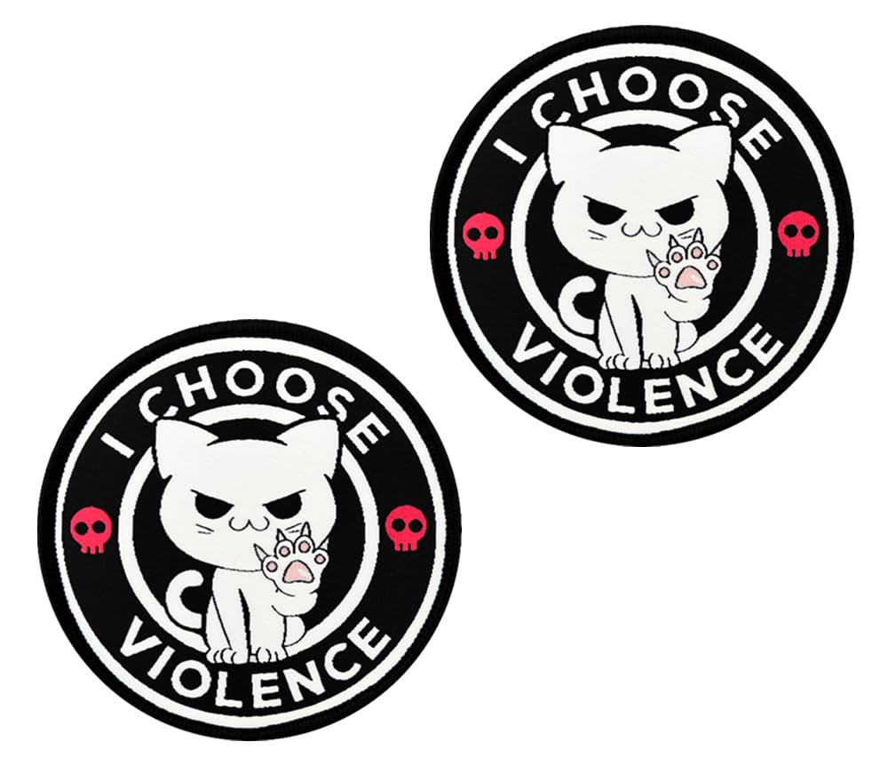 2 PCS I Choose Violence Patch Funny Cat Morale Badge Tactical Embroidered Emblem Hook and Loop Patch for Clothes Backpack Jacket Armband Jeans Vest Hat Pants Bag Uniforms Pouch