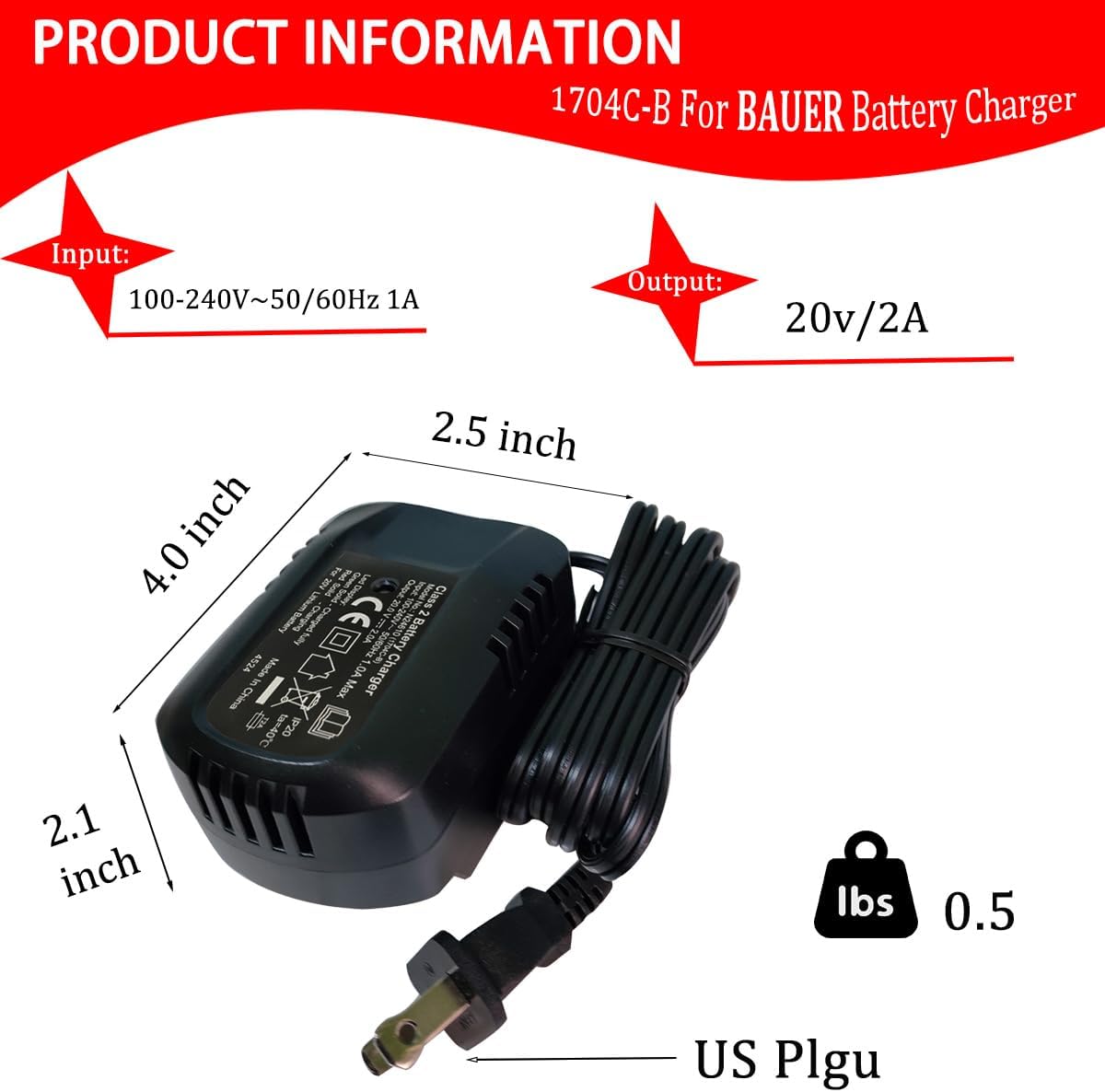 for Bauer 20v Battery Charger to Charge Bauer 20v Lithium ion Battery 1704C-B 1701C-B...