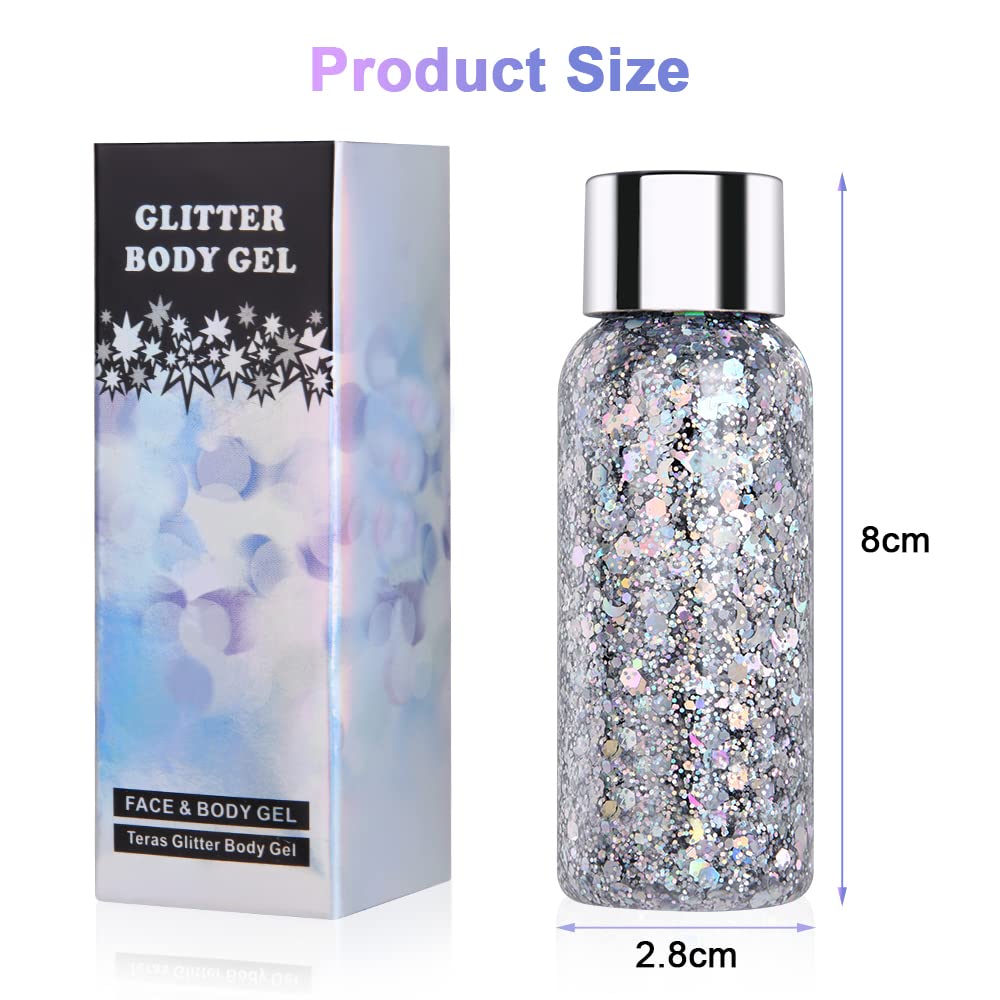 URAQT 1pcs Glitter Corpo e Viso per Unghie, Occhi, Labbra, Capelli - Gel Chunky per Musica, Festival, in Maschera(Argento)
