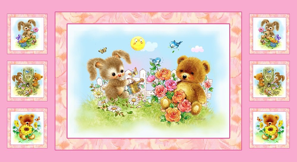 Best Friends Animals Pink Panel Cotton Quilting Fabric - 60cm x 110cm - SPX