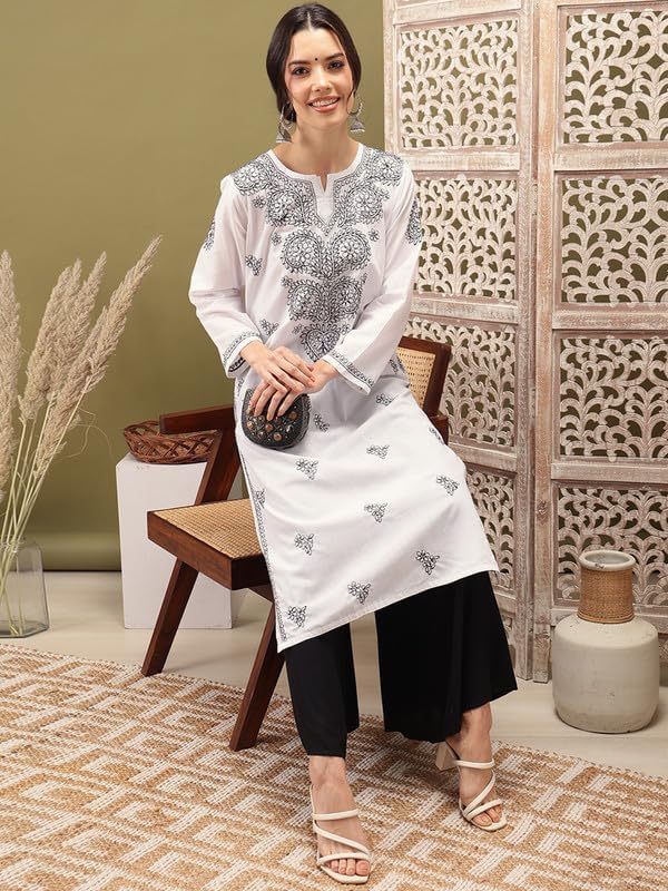 Ada Indian Hand Embroidered Chikankari Women's Straight Cotton Kurta Kurti Tunic A197536 - Image 5