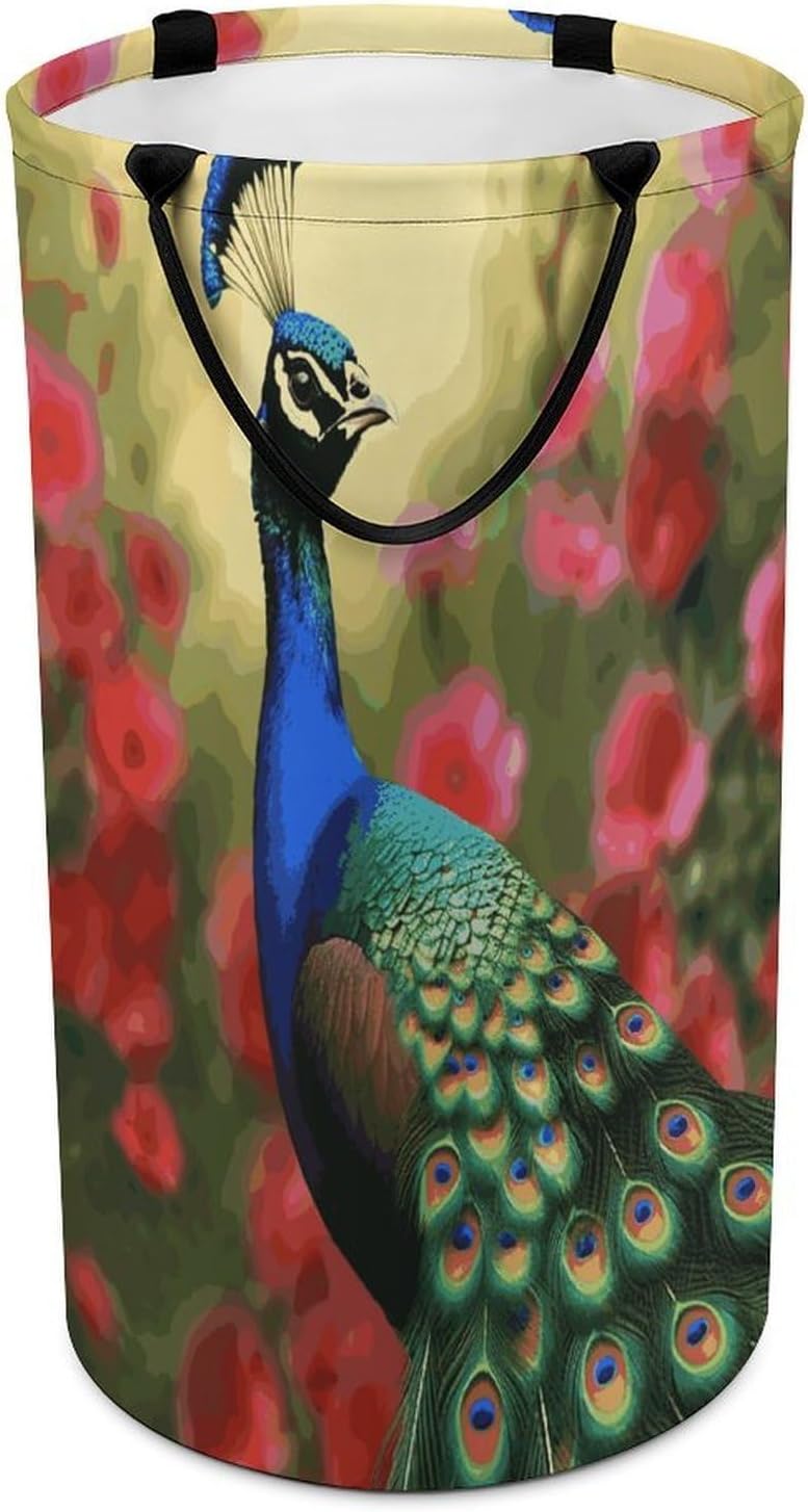 Peacock Flowers Large Capacity Laundry Baskets,Collapsible Clothes Hamper with Handles，Laundry Hampers for Bathroom,Bedroom,Towels