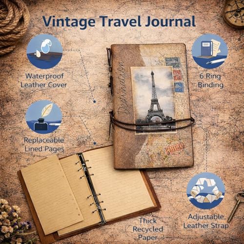 Image of Giftana Vintage Paris Leather Notebook, Journal Refillable Retro Travel Diary with 180 Pages, 6 Ring Binder, Zipper Pocket & Card Slots, European Style Sketchbook Planner for Men & Women