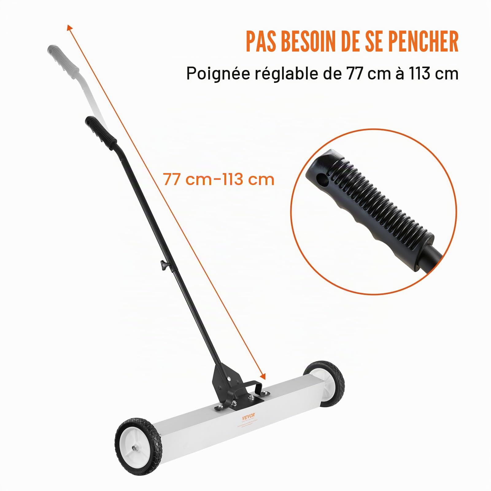 VEVOR Balayeuse Magnétique 24,9 kg Balai Magnétique Télescopique 77-113 cm 745 mm avec Roues