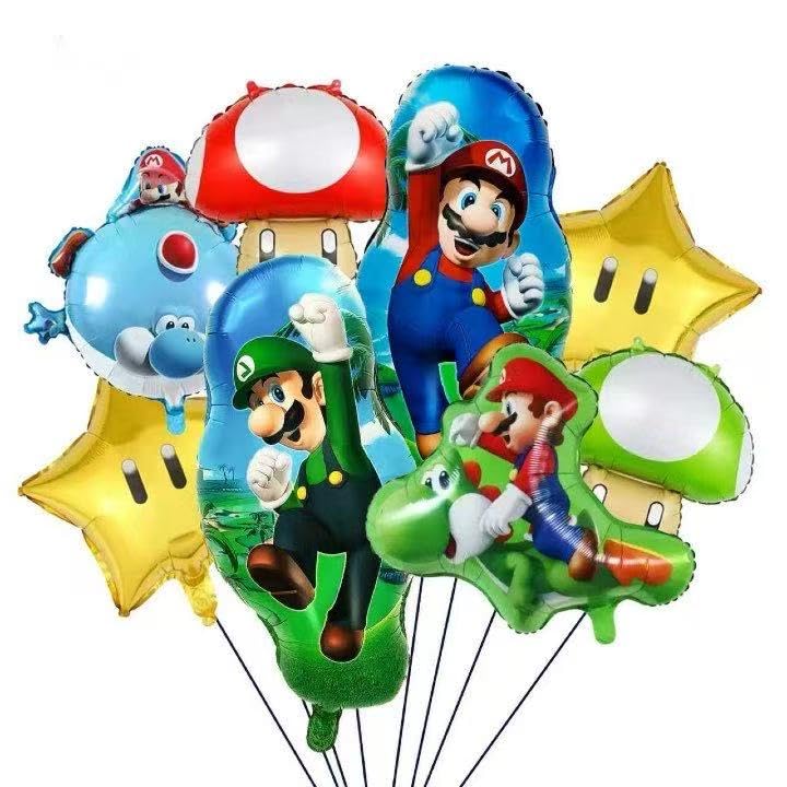 8-Piece Super Mario Aluminum Balloon Set - Super Mario & Classic Design Vibrant 3D Cartoon Shape Party Decoration Essential Durable Foil Material