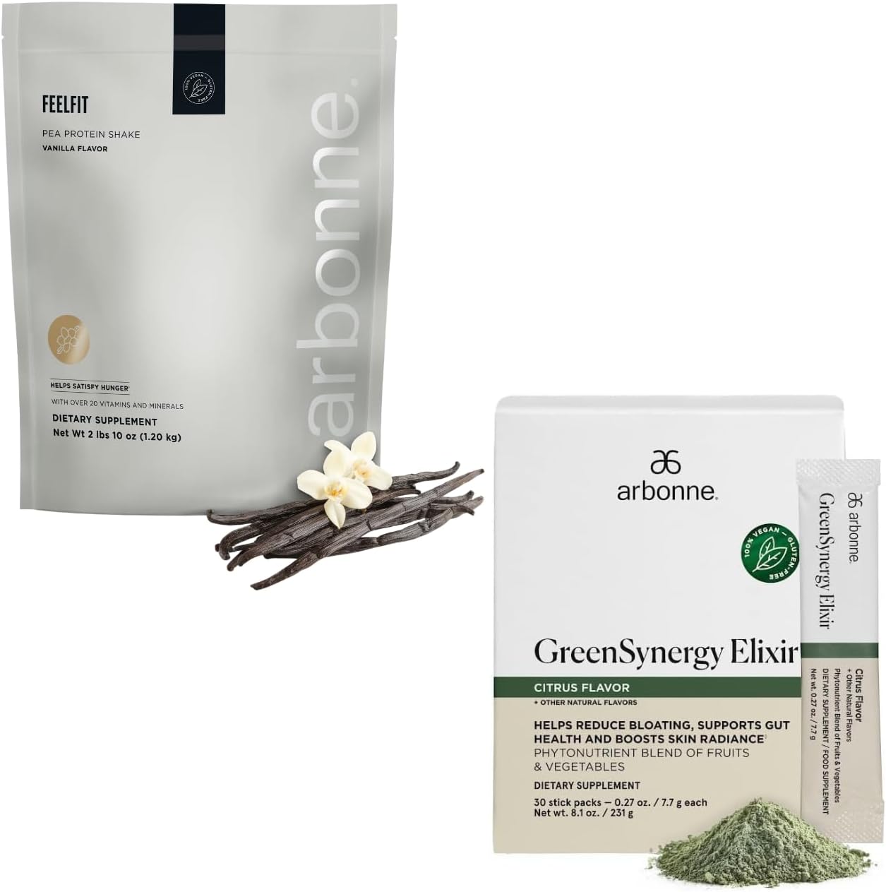 Arbonne Feelfit Pea Protein Shake - Daily Supplement Powder Vanilla + GreenSynergy Elixir – Citrus-Flavored Greens Powder with 13 Digestive Enzymes, Vegan Collagen Builder, Probiotics, and Prebiotics.