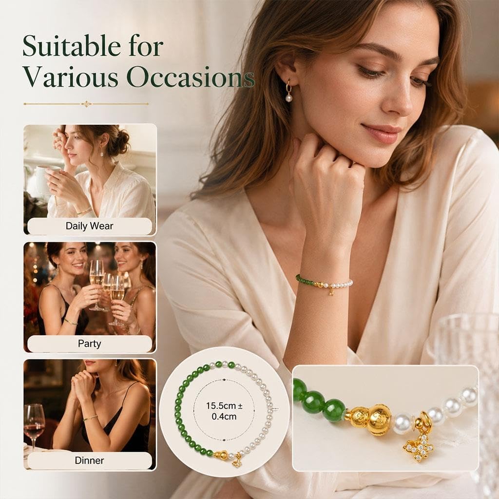 Bracciale Con Perline Di Giada E Perle, Design Bicolore Elegante