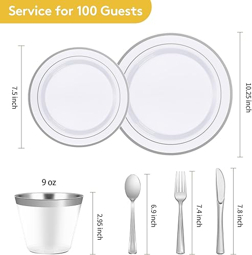 Miniatura 3 de Goodluck 600 platos desechables plateados para 100 invitados, juego de vajilla de plástico de 100 platos llanos, 100 platos de ensalada, 100