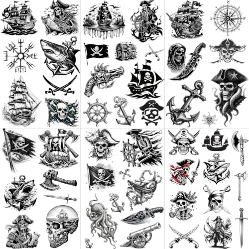Image of VANTATY 50+ PCS 6 Sheets Skull Pirate Captain Temporary Tattoos For Men Women Adults Arm Hand Body Tattoo Sticker, Realistic Pirate Ship Sailboat Anchor Compass Fake Tattoos Halloween Costume Tatoos