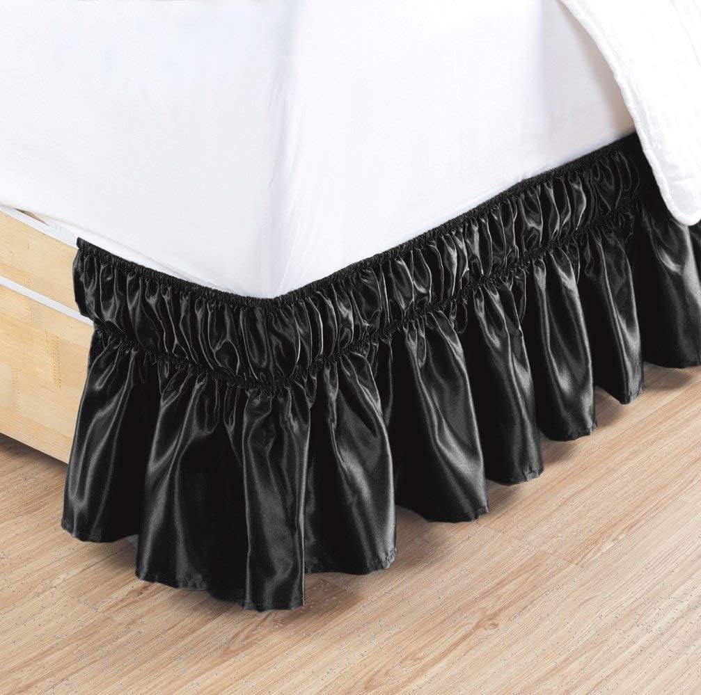 Satin 1 Pc Fully Elastic Wrap Around Bed Skirt for Easy Fit 15 Inch Drop Bedskirt - (King, Black)