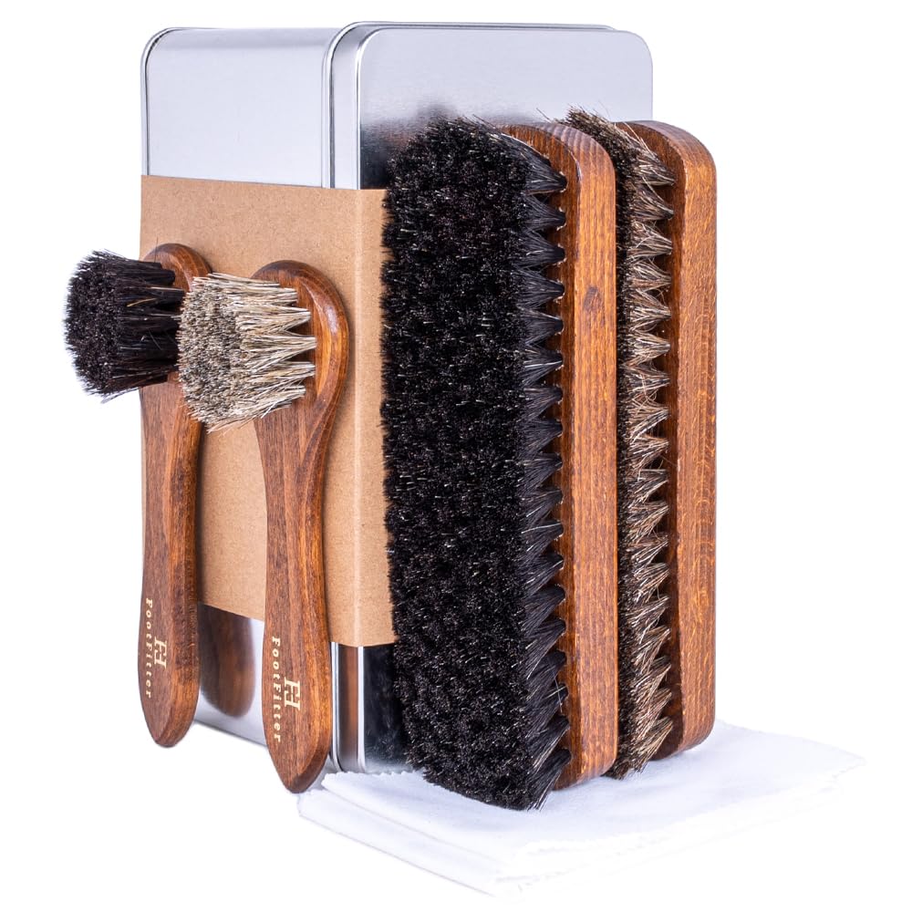 FootFitter Premium Shoe Care Brush Set, Horsehair Shine Brushes & Tools for Polishing Leather & Suede Shoes (Made in Germany)