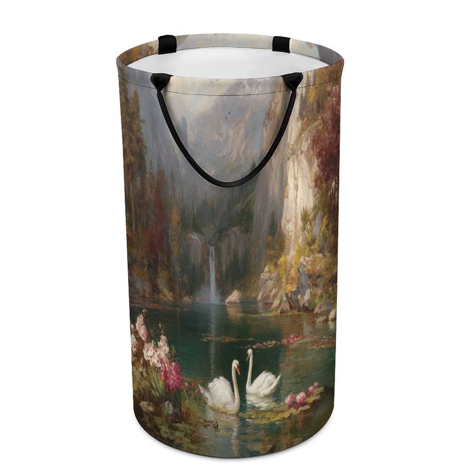 LUYYSKY Elegant Vintage Swans Couple Collapsible Dirty Clothes Basket, Beautiful Rustic Waterfall Plants Lotus Flowers Animals Swans Portable Clothes Storage Basket