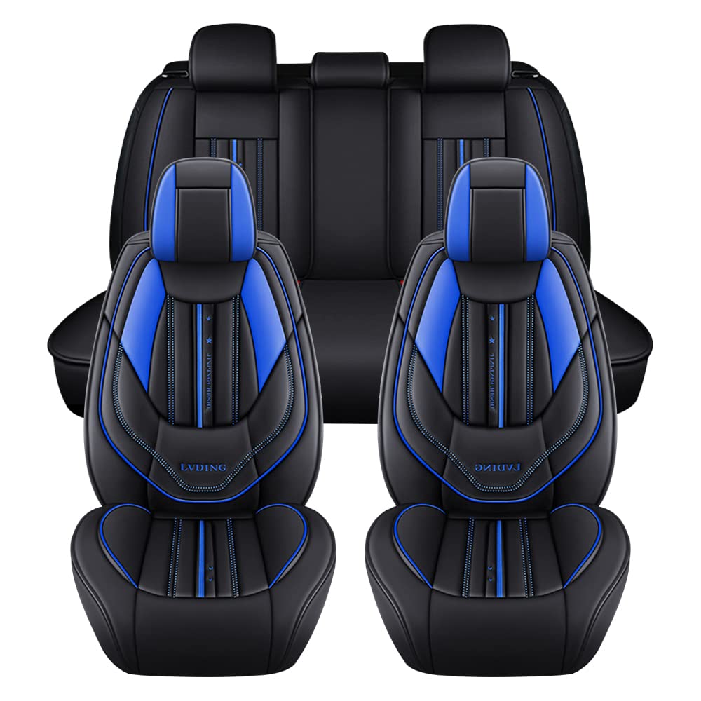 Juego Completo de Fundas de Asiento de Coche para 5 Asientos Delanteros y Traseros, Impermeables, de Piel sintética, Protectores de Asiento de automóvil, cojín M007,Negro y Azul